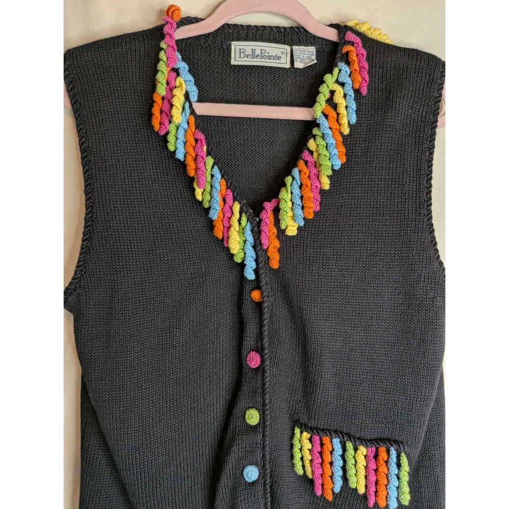 Vtg Colorful Knit Sweater Vest Granny Cardigan Rainbow Corkscrew Fringe Large - Picture 2 of 13